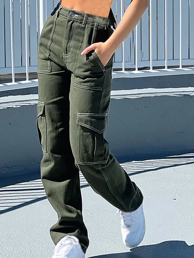 Army Green Loose Fit High Waist Cargo Denim Pants
